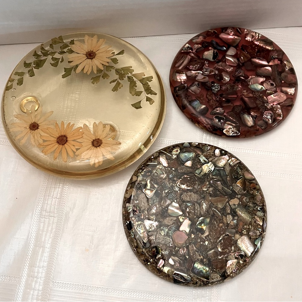 Vintage Mid-Century Lucite Trivet Abalone Shell Dried Flower Plympton’s 3 Total